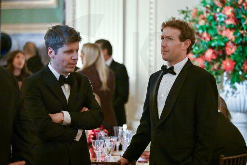 epa13261587 OpenAI CEO Sam Altman (L) and Meta CEO Mark Zuckerberg (R) converse prior to US President Donald J. Trump and President Xi Jinping of The People’s Republic of China, exchanging toasts during the State Dinner in the East Room of the White House in Washington, DC, USA, 24 September 2026.  EPA/Annabelle Gordon / POOL