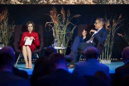 epa13277303 Moldova's President Maia Sandu (L) and Finland's President Alexander Stubb attend the opening session 'Security and Stability after Russia's War in Ukraine' during the Helsinki Security Forum (HSF) 2026 in Helsinki, Finland, 02 October 2026. The fifth annual HSF takes place from 02 to 04 October, gathering international leaders to discuss...