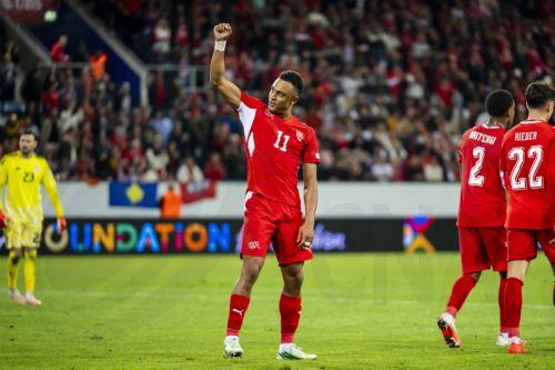 epa13285803 Switzerland's Dan Ndoye celebrates scoring the 3-0 goal in the UEFA Nations League group stage soccer match between Switzerland and North Macedonia at the Thermoplanarena in Lucerne, Switzerland, 06 October 2026.  EPA/MICHAEL SCHMID