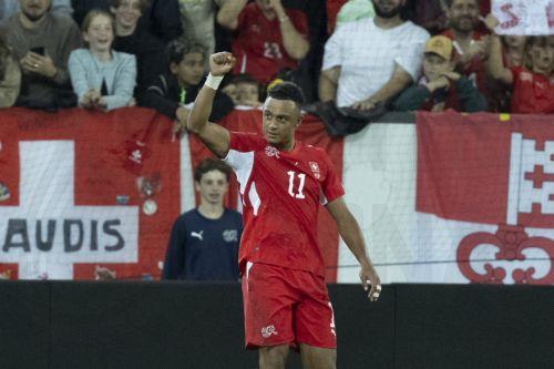 epa13285815 Switzerland's Dan Ndoye celebrates after scoring the 3-0 goal in the UEFA Nations League group stage soccer match between Switzerland and North Macedonia at the Thermoplanarena in Lucerne, Switzerland, 06 October 2026.  EPA/URS FLUEELER