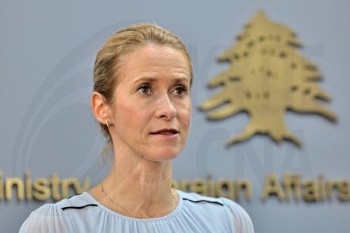 epa13289224 Kaja Kallas, the European Union's high representative for foreign affairs and security policy, speaks during a joint press conference with Lebanese Minister of Foreign Affairs and Emigrants Youssef Rajji (not pictured) at the Lebanese Foreign Ministry in Beirut, Lebanon, 08 October 2026. The press conference follows their meeting during Kallas'...