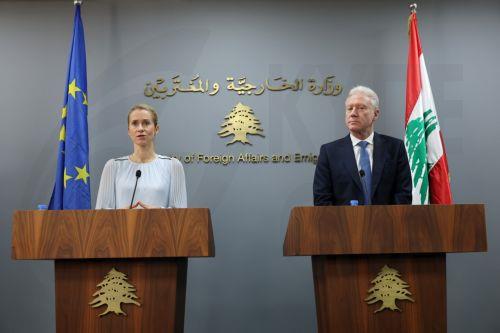 epa13289231 Kaja Kallas (L), the European Union's high representative for foreign affairs and security policy, speaks at a joint press conference with Lebanese Minister of Foreign Affairs and Emigrants Youssef Rajji (R) at the Lebanese Foreign Ministry in Beirut, Lebanon, 08 October 2026. The press conference follows their meeting during Kallas' official...