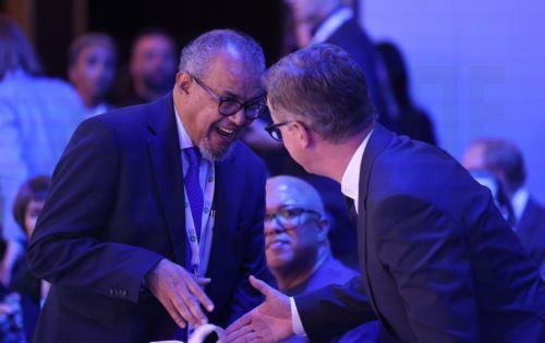 epa13296646 Tedros Adhanom Ghebreyesus (L), Director General of the World Health Organization (WHO), and German Health Minister Carsten Linnemann (R) attend the World Health Summit in Berlin, Germany, 11 October 2026. The World Health Summit, running from 11 to 13 October, is an international conference that brings together policymakers, scientists,...