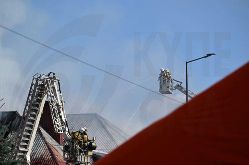 epa13309167 Firefighters fight the flames of a warehouse storing agricultural tractors in Nisko, southeastern Poland, 16 October 2026. Two firefighters were killed while fighting a fire at a warehouse storing agricultural tractor parts in Nisko. The fire broke out at around 8am, and efforts to bring it under control are still ongoing.  EPA/Darek Delmanowicz...