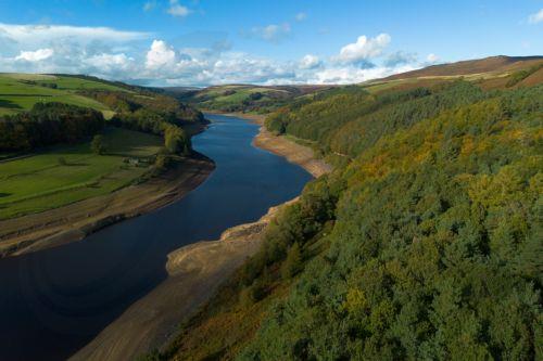 epa13309433 An aerial photograph taken with a drone of the Ladybower Reservoir which is at around 33 percent capacity, in Bamford, Britain, 16 October 2026. Most of England remains in drought as reservoir levels remain critically low after Britain experienced its hottest summer on record. A severe drought has been declared in six areas including Cornwall,...
