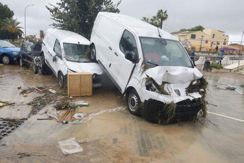 epa13315353 A view of the damage caused by the floods resulting from the passage of Storm Adam through Els Poblets, Alicante, Spain, 19 October 2026. Adam Storm has already claimed two lives and is causing 'extraordinary' rainfall and severe flooding in Valencia and Alicante, with rainfall totals exceeding 600 litres per square metre, rivers bursting their...