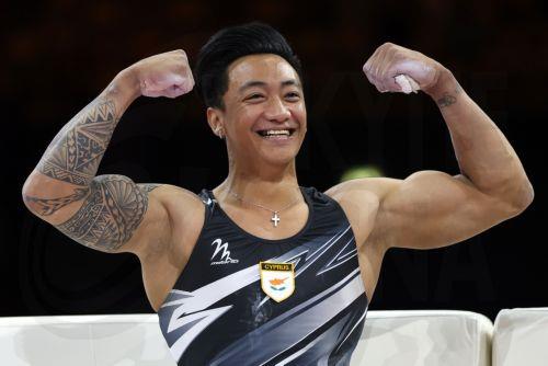 epa10132167 Marios Georgiou of Cyprus celebrates after winning the men's final on the Horizontal Bar during the Artistic Gymnastics events at the European Championships Munich 2022, Munich, Germany, 21 August 2022. The championships will feature nine Olympic sports, Athletics, Beach Volleyball, Canoe Sprint, Cycling, Artistic Gymnastics, Rowing, Sport...