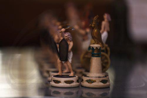 epa10325319 A chessboard is displayed during the World Team Chess Championship semifinals in Jerusalem, 24 November 2022. The Israel Chess Federation hosts the World Team Championship between 20-25 November.  EPA/ATEF SAFADI