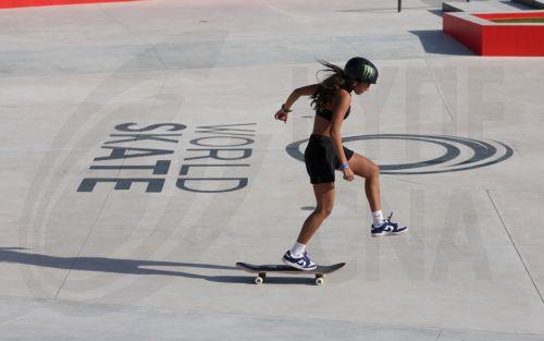 epa10442667 A skater in action during practice sessions for the Street Skateboarding World Championships in Sharjah, United Arab Emirates, 01 February 2023.  EPA/ALI HAIDER