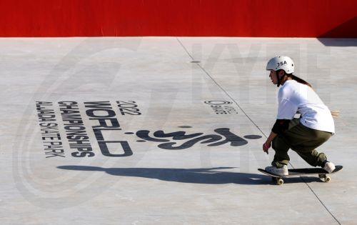 epa10442669 A skater in action during practice sessions for the Street Skateboarding World Championships in Sharjah, United Arab Emirates, 01 February 2023.  EPA/ALI HAIDER