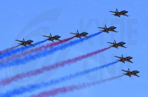 epa10500041 South Korea's Air Force Black Eagles perform on KAI T-50 Golden Eagles during the Avalon Airshow at Avalon Airport in Greater Melbourne, Australia, 03 March 2023.  EPA/JULIAN SMITH NO ARCHIVING AUSTRALIA AND NEW ZEALAND OUT