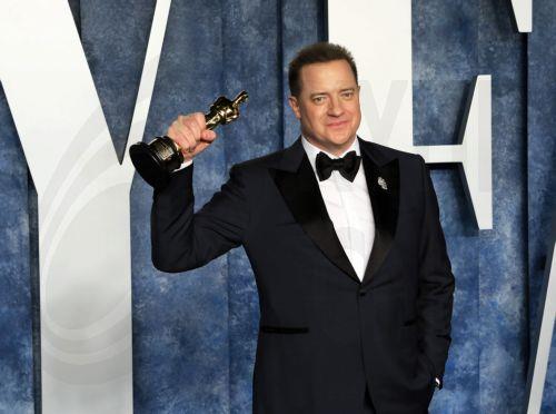 epa10520246 Brendan Fraser arrives at the 2023 Vanity Fair Oscar Party following the 95th annual Academy Awards ceremony, at the Wallis Annenberg Center for the Performing Arts in Beverly Hills, California, USA, 12 March 2023. The Oscars are presented for outstanding individual or collective efforts in filmmaking in 24 categories.  EPA/NINA PROMMER