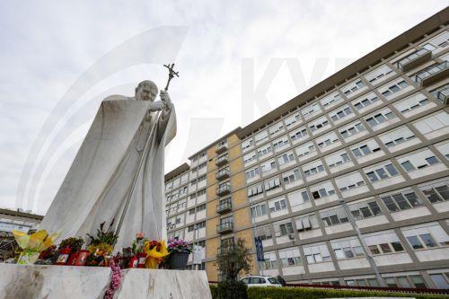 epa10549960 A statue of late Pope Saint John Paul II outside the Agostino Gemelli Hospital where the Pope was hospitalized the previous day, in Rome, Italy, 30 March 2023. Pope Francis was hospitalized on 29 March following a respiratory infection (excluding Covid-19) which will require a few days of appropriate hospital medical therapy, according to the...