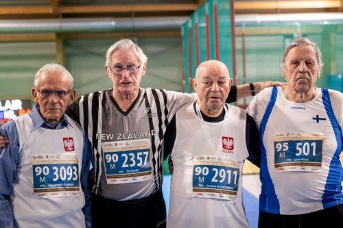epa10550726 (L-R) Henryk Wierzchowski of Poland, Jim Blair of New Zealand, Czeslaw Pluszczewski of Poland and Lauri Helle of Finland pose during the men's Shot Put M90+ event at the World Masters Athletics Indoor Championships in Torun, Poland, 30 March 2023.  EPA/Tytus Zmijewski POLAND OUT