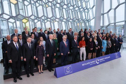 epa10632856 Participants pose for a family photo during the 4th Summit of Heads of State and Government of the Council of Europe at the Harpa Conference Center in Reykjavik, Iceland, 16 May 2023. The Icelandic Prime Minister and Minister for Foreign Affairs will host the summit from 16-17 May 2023. In addition to the Council of Europe's member states,...