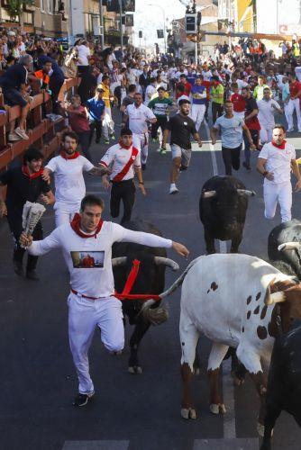 epa10830688 Bull-runners take part in the fifth bull run at San Sebastian de los Reyes in Madrid, Spain, 31 August 2023. The festival at San Sebastian de los Reyes are known as 'Pamplona Chica' (little Pamplona) and are held every year in August.  EPA/DAVID FERNANDEZ