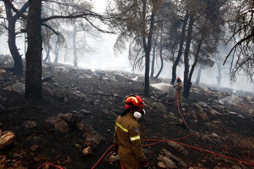 epa10839744 Firefighters spray water during a wildfire in Stamata, near Athens, Greece, 04 September 2023.  EPA/Yannis Kolesidis