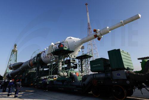 epa10855688 The Soyuz 2.1a booster rocket with Soyuz MS-24 spacecraft is transported from an assembling hangar to the launchpad at the Baikonur Cosmodrome, in Baikonur, Kazakhstan, 12 September 2023. Expedition 70-71 crewmembers Roscosmos cosmonauts Oleg Kononenko, Nikolai Chub and NASA astronaut Loral O'Hara are scheduled to launch on the Soyuz MS-24 to...