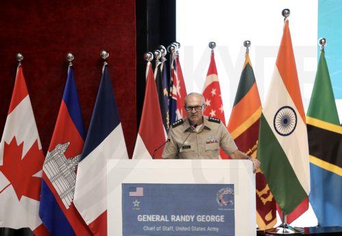 epa10883515 US Army Chief of Staff General Randy George speaks at the opening of the Indo-Pacific Armies Chiefs Conference (IPACC) in New Delhi, India, 26 September 2023. The Indian Army and the United States Army are co-hosting the 13th Indo-Pacific Armies Chiefs' Conference (IPACC), a three-day conference of Chiefs of Armies and delegates of 35 countries,...