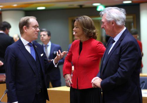 epa10972893 (L-R) Swedish Foreign Minister Tobias Billstrom, Slovenian Foreign Minister Tanja Fajon and Minister for Foreign and European Affairs from Luxembourg Jean Asselborn at the start of a Foreign Affairs Council meeting in Brussels, Belgium, 13 November 2023. EU Foreign Affairs Ministers are expected to address the situation in Ukraine, the...