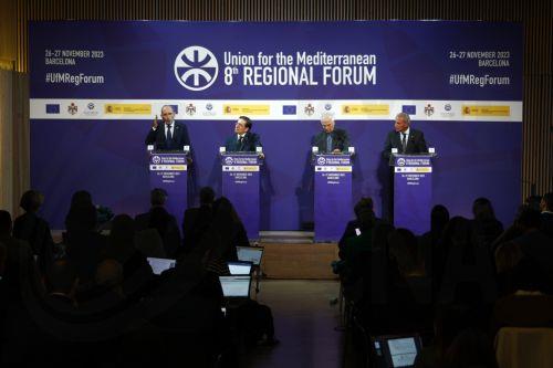 epa10997680 European Union High Representative for Foreign Affairs and Security Policy, Josep Borrell (2-R), Spanish Foreign Minister Jose Manuel Albares (2-L), Jordanian Deputy Prime Minister and Minister of Foreign and Expatriate Affairs Ayman Safadi (L), and Union for the Mediterranean Secretary General Nasser Kamel (R), speakduring the Union for the...