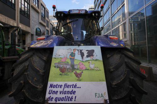 epa11118481 A banner attached to a tractor reads 'Our pride...Quality meat' during a farmers' protest next to the European Parliament on the sidelines of an EU summit in Brussels, Belgium, 01 February 2024. Several hundred tractors are expected to converge on Brussels on the sidelines of a European leaders' summit on 01 February, the Walloon Federation of...
