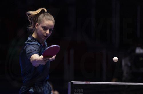epa11174039 Charlotte Lutz of France in action against Wang Yidi of China during the women's semifinals of the 2024 ITTF World Team Table Tennis Championships Finals at Busan Exhibition and Convention Centre in Busan, South Korea, 23 February 2024.  EPA/JEON HEON-KYUN