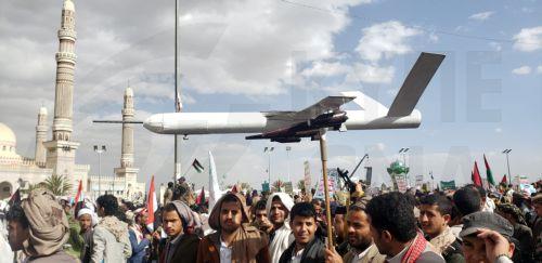 epa11190801 A Houthi supporter holds up a mock drone during a protest against the US and Israel and in support of Palestinians, in Sana'a, Yemen, 01 March 2024. Thousands of Houthi supporters demonstrated in Sana'a to protest against the US and Israel and in support of Palestinian people in the Gaza Strip. Yemen's Houthis have fired some 384 missiles and...