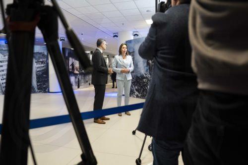 epa11255280 Dutch Minister of Foreign Affairs Hanke Bruins Slot (R) receives Ukrainian Foreign Minister Dmytro Kuleba (L) for the conference on support to Ukraine in the Hague, the Netherlands, 02 April 2024.  The Netherlands, Ukraine and the European Commission are holding an international conference on the war in Ukraine in the World Forum conference...