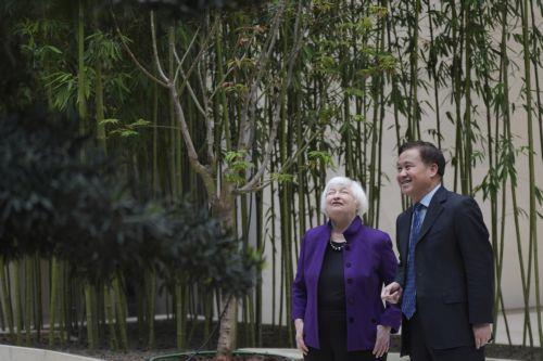 epa11264942 U.S. Treasury Secretary Janet Yellen (L) talks with Governor of the People's Bank of China Pan Gongsheng (R) as they meet at the Peopleâ€™s Bank of China in Beijing, China, 08 April 2024. US Treasury Secretary Janet Yellen sent a message of mutual cooperation at a meeting Sunday with Chinese Premier Li Qiang, highlighting the improvement in...