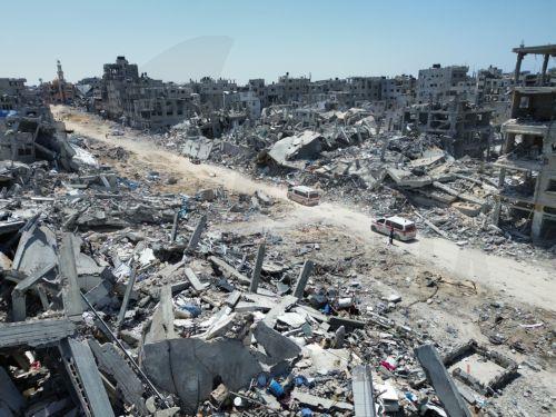 epa11279409 Aerial view taken with a drone showing general destruction in the city of Khan Yunis in the Gaza Strip, following the Israeli army withdrawal from the region, on 14 April 2024. More than 33,700 Palestinians and over 1,450 Israelis have been killed, according to the Palestinian Health Ministry and the Israel Defense Forces (IDF), since Hamas...