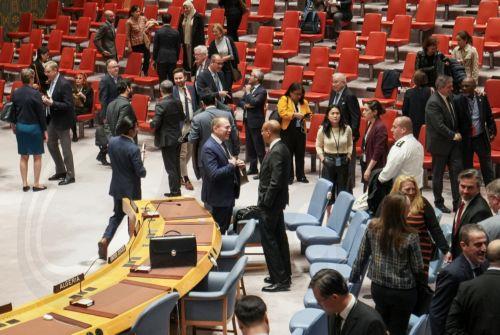 epa11279555 Diplomats speak on the floor of the United Nations Security Council after a meeting at United Nations Headquarters in New York, New York, USA, 14 April 2024. The meeting was called to discuss the situation in the Middle East amid escalations between the State of Israel and the Islamic Republic of Iran.  EPA/STEPHANI SPINDEL