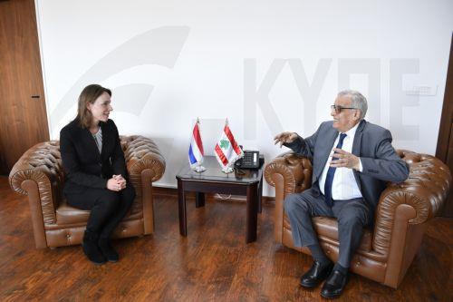 epa11321169 Lebanese Foreign Minister Abdallah Rashid Bou Habib (R) with Dutch Foreign Minister Hanke Bruins Slot (L) during their meeting in Beirut, Lebanon, 06 May 2024. Bruins Slot is on an official visit to Lebanon.  EPA/WAEL HAMZEH