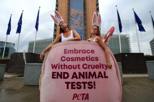 epa11599824 Animal activists from PETA (People of the Ethical Treatment of Animals) take part in a campaign protest to denounce that EU institutions allow animals to be tortured and killed in tests for cosmetics ingredients, in front of the European Commission headquarters in Brussels, Belgium, 12 September 2024. According to PETA, the European Chemicals...