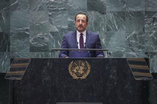 epa11623996 Cypriot President Nikos Christodoulides speaks during the General Debate of the 79th session of the United Nations General Assembly at United Nations Headquarters in New York, New York, USA, 25 September 2024. The annual high-level General Debate gathers world leaders from 24 to 28 September, and 30 September under the theme, 'Leaving no one...
