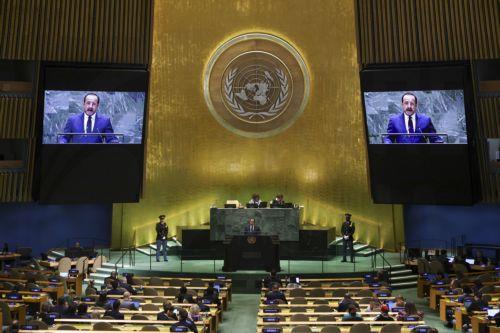 epa11623999 Cypriot President Nikos Christodoulides (C) speaks during the General Debate of the 79th session of the United Nations General Assembly at United Nations Headquarters in New York, New York, USA, 25 September 2024. The annual high-level General Debate gathers world leaders from 24 to 28 September, and 30 September under the theme, 'Leaving no one...