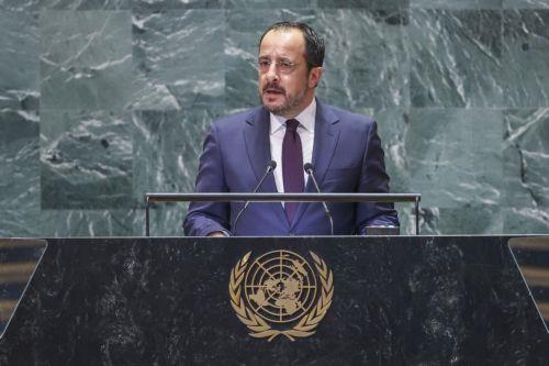 epa11624000 Cypriot President Nikos Christodoulides speaks during the General Debate of the 79th session of the United Nations General Assembly at United Nations Headquarters in New York, New York, USA, 25 September 2024. The annual high-level General Debate gathers world leaders from 24 to 28 September, and 30 September under the theme, 'Leaving no one...