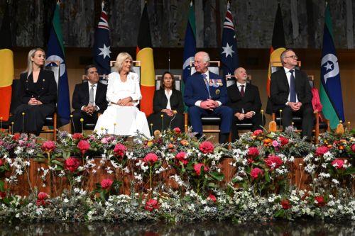 epa11672330 Britain's King Charles III (C-R) and Queen Camilla (C-L) attend a Parliamentary reception hosted by Australian Prime Minister Anthony Albanese and partner Jodie Jaydon at Parliament House in Canberra, Australia, 21 October 2024. King Charles III and Queen Camilla are visiting Australia from 18 October to 23 October.  EPA/LUKAS COCH AUSTRALIA AND...