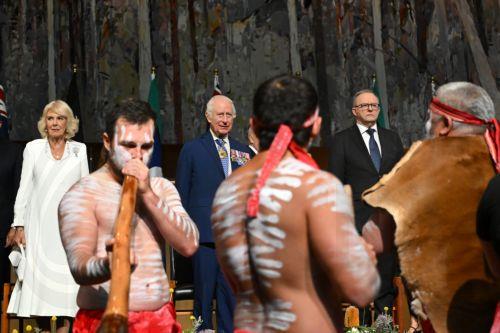epaselect epa11672329 Britain's King Charles III (C) and Queen Camilla (L) observe Aboriginal dancers as they attend a Parliamentary reception hosted by Australian Prime Minister Anthony Albanese and partner Jodie Jaydon at Parliament House in Canberra, Australia, 21 October 2024. King Charles III and Queen Camilla are visiting Australia from 18 October to...