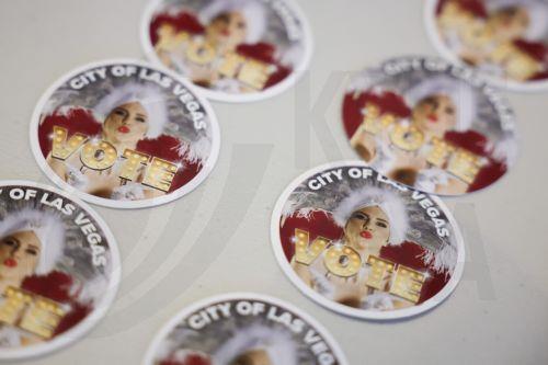 epaselect epa11704426 'Vote' stickers lie out on a table at a voting party at Las Vegas City Hall on Election Day in Las Vegas, Nevada, USA, 05 November 2024. Voters across the country are casting ballots today for President of the United States in a tightly contested race between Republican presidential candidate Donald J. Trump and Democratic presidential...