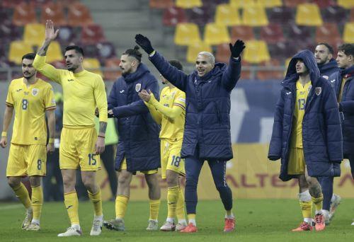 epa11728229 Players of Romania celebrate after winning the UEFA Nations League match between Romania and Cyprus in Bucharest, Romania, 18 November 2024.  EPA/ROBERT GHEMENT