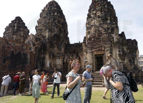 epa11737709 A monkey clings on a foreign tourist during the annual Monkey Banquet at Phra Prang Sam Yod ancient temple in Lopburi, some 180km from Bangkok, central Thailand, 24 November 2024. The annual gala has been organized since 1989 by Lopburi's entrepreneur Yongyuth Kitwatananusont, offering all-you-can-eat fruits, vegetables, and desserts for monkeys...