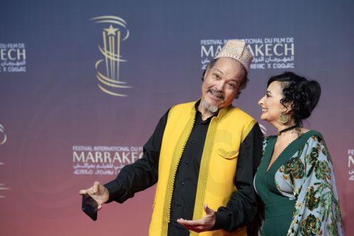 epa11755721 Actor Abdullah Farkous (L) and Badia Senhaji Actrice attend a tribute to Naima El Mcherqui during the 21st annual Marrakech International Film Festival (FIFM) in Marrakech, Morocco, 03 December 2024. The film festival takes place from 29 November to 07 December 2024.  EPA/JALAL MORCHIDI
