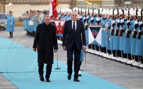 epa11783948 Turkish President Recep Tayyip Erdogan (L) and Lebanese Prime Minister Najib Mikati (R) review a guard of honor during a welcome ceremony at the Presidential Palace in Ankara, Turkey, 18 December 2024.  EPA/NECATI SAVAS