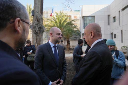 epa11803269 French Foreign Minister Jean-Noel Barrot (C) speaks to officers as he visits the French Embassy in Damascus, Syria, 03 January 2025. The French and German foreign ministers have arrived in Damascus to meet with the country's new leaders. This is the first time that senior European Union officials have visited Syria since former President Bashar...