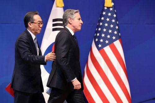 epa11808379 US Secretary of State Antony Blinken (R) and South Korean Foreign Minister Cho Tae-yul depart at the end of a joint press conference in Seoul, South Korea, 06 January 2025. Blinken visits South Korea on a mission to reaffirm America's "ironclad" alliance with the Asian country, the State Department said on January 3, the first trip to Seoul by a...