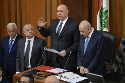 epa11814758 Lebanon's President-elect Joseph Aoun takes oath as Parliament Speaker Nabih Berri (R) looks on during an oath-taking ceremony at the parliament in Beirut, Lebanon, 09 January 2025. General Joseph Aoun was elected President of Lebanon 09 January 2025 after an over two-year political stalemate leaving the country without a president since 2022. ...