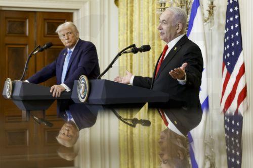 epaselect epa11875639 Israeli Prime Minister Benjamin Netanyahu (R) and US President Donald J. Trump (L) during a joint press conference in the East Room of the White House in Washington, DC, USA, 04 February 2025. President Trump, who is hosting his first in-person meeting with another world leader since returning to the White House, and Prime Minister...