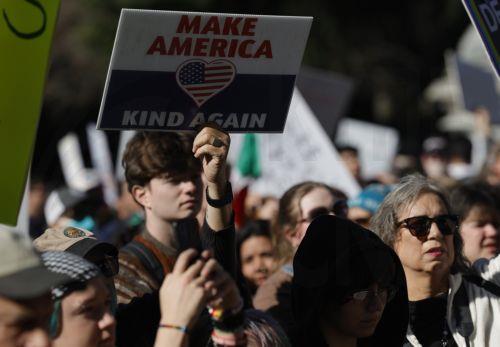 epa11877837 Demonstrators protest against US President Donald Trumpâ€™s policies and executive orders at the State Capitol in Sacramento, California, USA, 05 February 2025. Demonstrators across all 50 US states are participating in the 50501 Movement, also know as '50 states, 50 protest, one day.' Organizers and participants are advocating for a variety of...