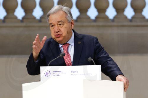epa11888314 United Nations (UN) Secretary-General Antonio Guterres delivers a speech during a plenary session of the Artificial Intelligence (AI) Action Summit at the Grand Palais in Paris, France, 11 February 2025. The summit takes place from 10 to 11 February.  EPA/MOHAMMED BADRA
